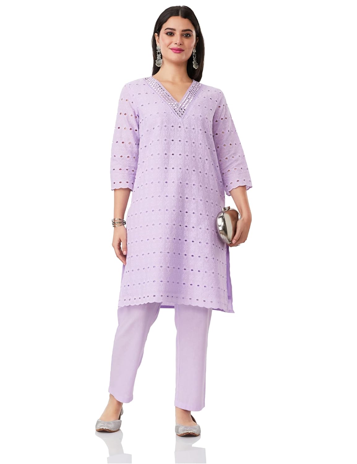 Amazon Brand – Myx Women’s Schiffli Embroidery Kurta Pant Co-Ord Set (Available in Plus Sizes)