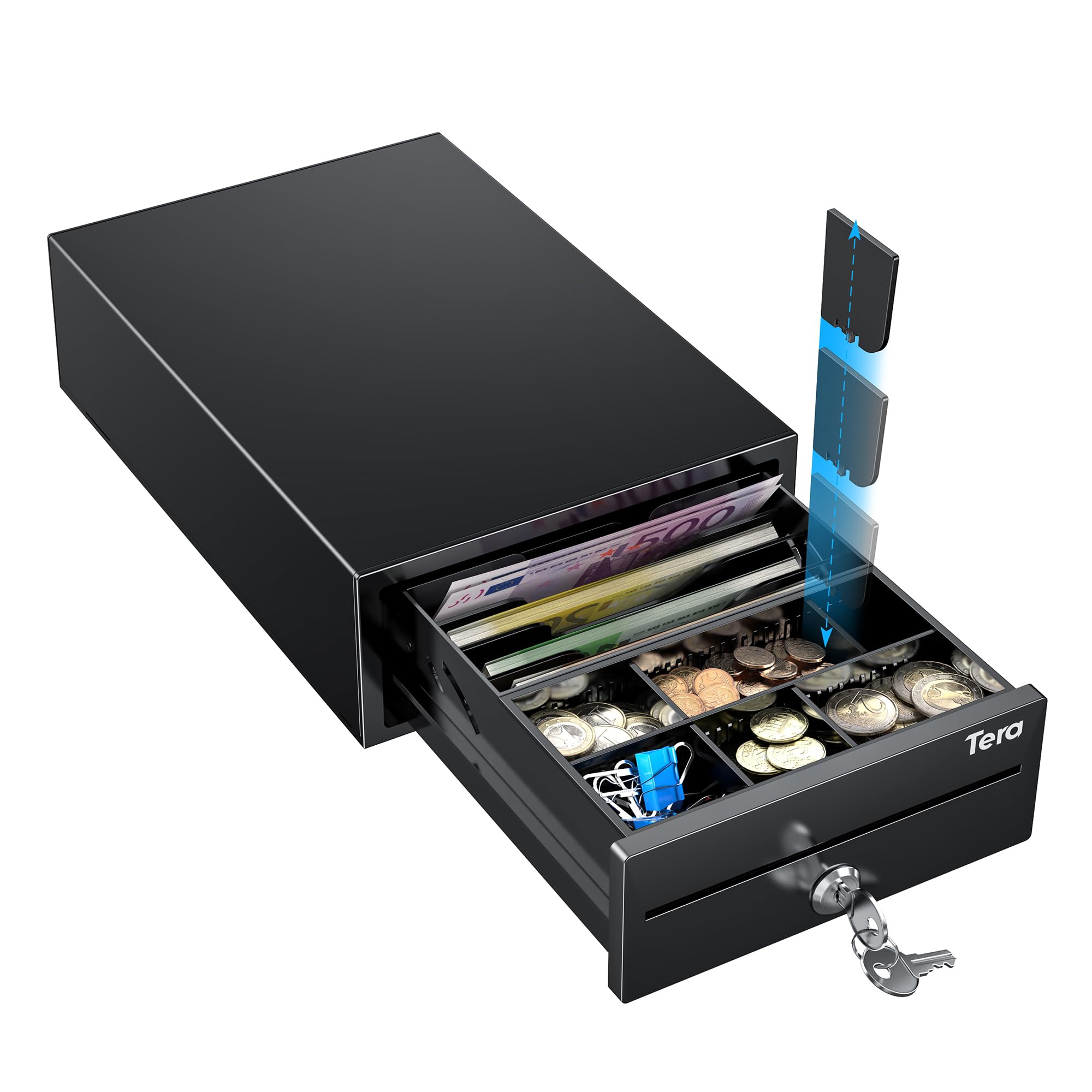 Tera Tiroir Caisse Métallique Réglable 20,8 × 30 × 9,8 cm 4 Compartiments Billets 6–8 Compartiments Monnaie Fente de Dépôt 2 Clés Connexion RJ12 pour Système POS