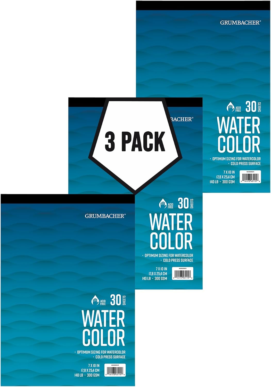 Grumbacher 7" x 10" Cold Press Watercolor Paper Pad, 140 lb. / 300 GSM, Tape-Bound, 30 White Sheets/Pad, 3-Pack