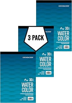 Grumbacher 7" x 10" Cold Press Watercolor Paper Pad, 140 lb. / 300 GSM, Tape-Bound, 30 White Sheets/Pad, 3-Pack