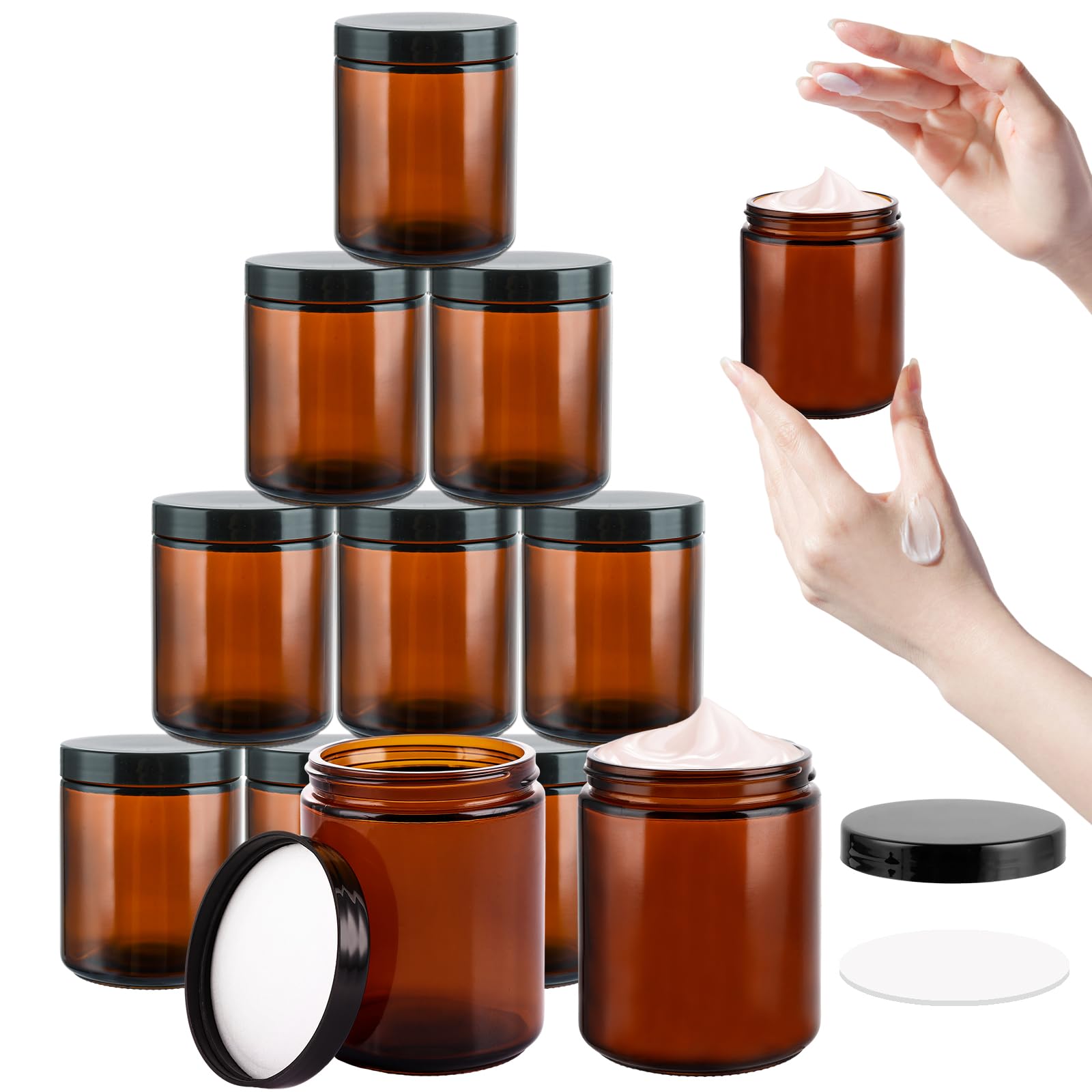 LOPYXBR 12 Pack 250 ml Amber Glass Jars 8 oz Empty Cosmetic Containers, Travel Pots with Labels
