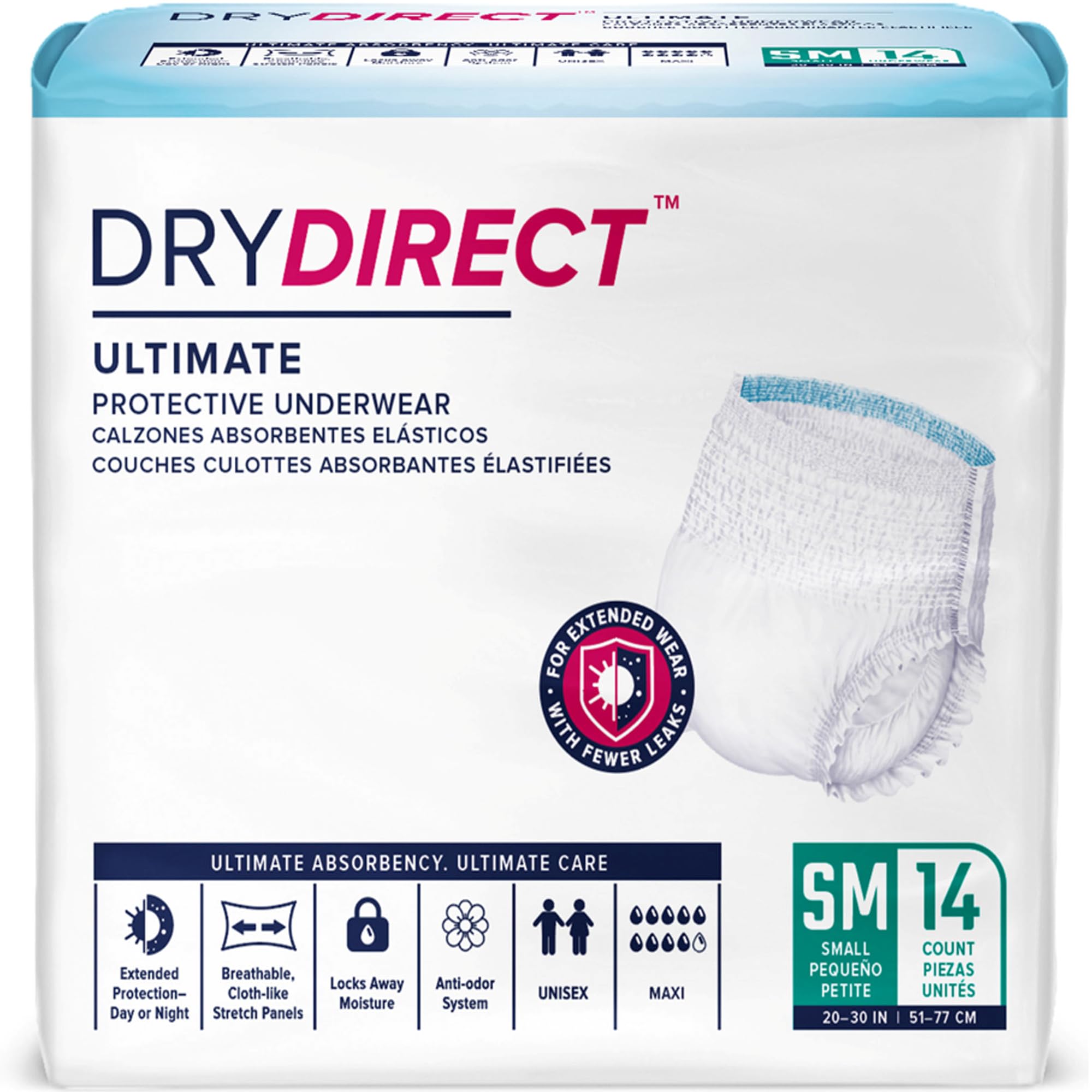 Dry Direct Ultimate Protective Underwear, Soft Cloth-Like Adult Diapers, Max Absorbency Disposable Incontinence Protection - Small (Pack of 14)