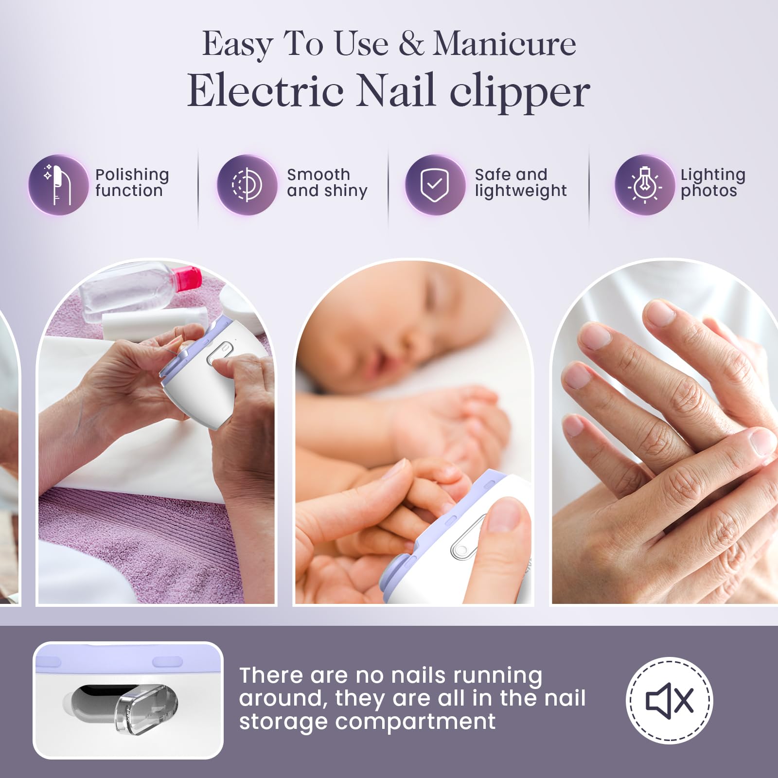 Elektrischer automatischer Nagelknipser, tragbare Nagelfeile, kein Lärm, Nagelreste, Nagelabdecken, Schleifen und Polieren, 2-in-1, einfache Bedienung, LED-Licht, Nagelschneider, Schneider für Kinder