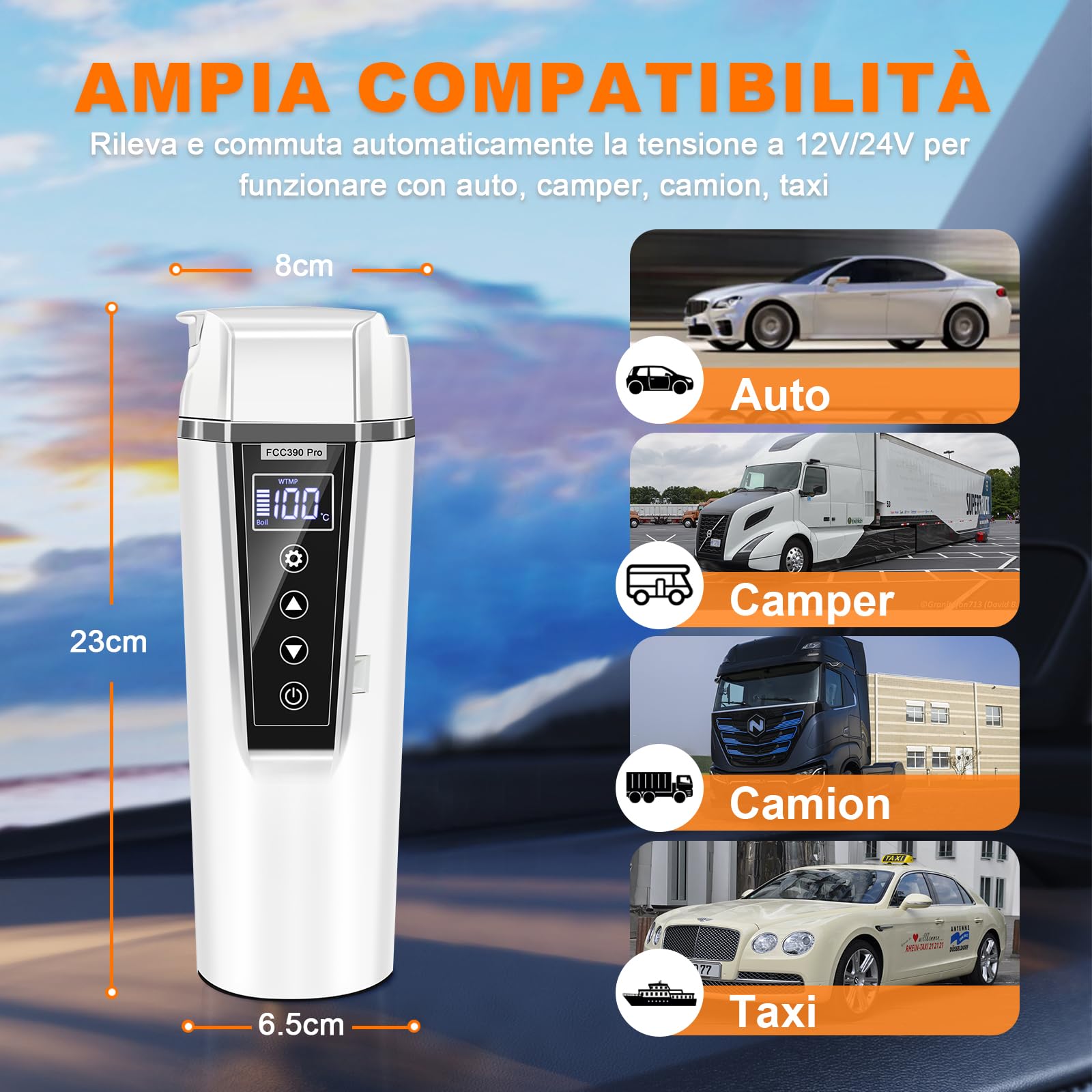 GRACEALL Bollitore Elettrico per Auto 12v e 24v, Piccolo Bollitore Elettrico da Viaggio 450ml per Camion,Auto, Taxi, per Preparare il Tè e il Latte Neonato, con Temperatura Regolabile, Tenere in Caldo