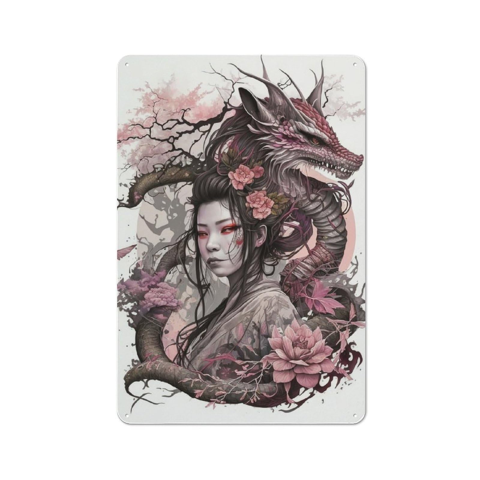 Junmoney Geisha Dragon Retro Metal Wall Sign 30X20cm For Guest Room Or Hallway, New-Space Wall Decor For Home Decor Collectors