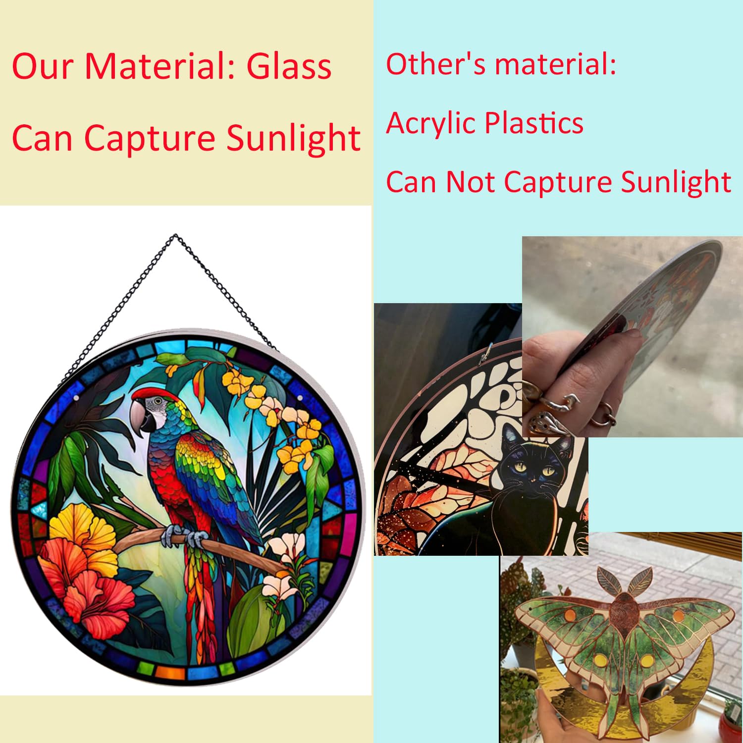 Payutou Parrot and Flower Suncatcher Stained Glass,Hanging Stained Glass Suncatcher for Windows,20cm/7.87inch Hand-Painted Sun Catcher Garden Hangings Halloween Fall Christmas Decor for Home - Image 4