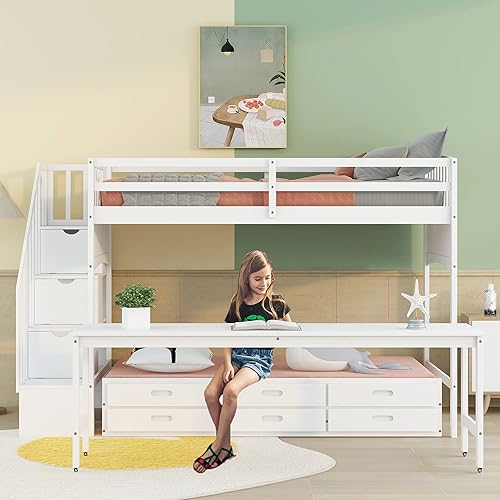 Miniatura 3 de EMKK Cama alta individual XL con nido de tamaño individual y 3 cajones escalera de almacenamiento escritorio marco de cama de madera para niños