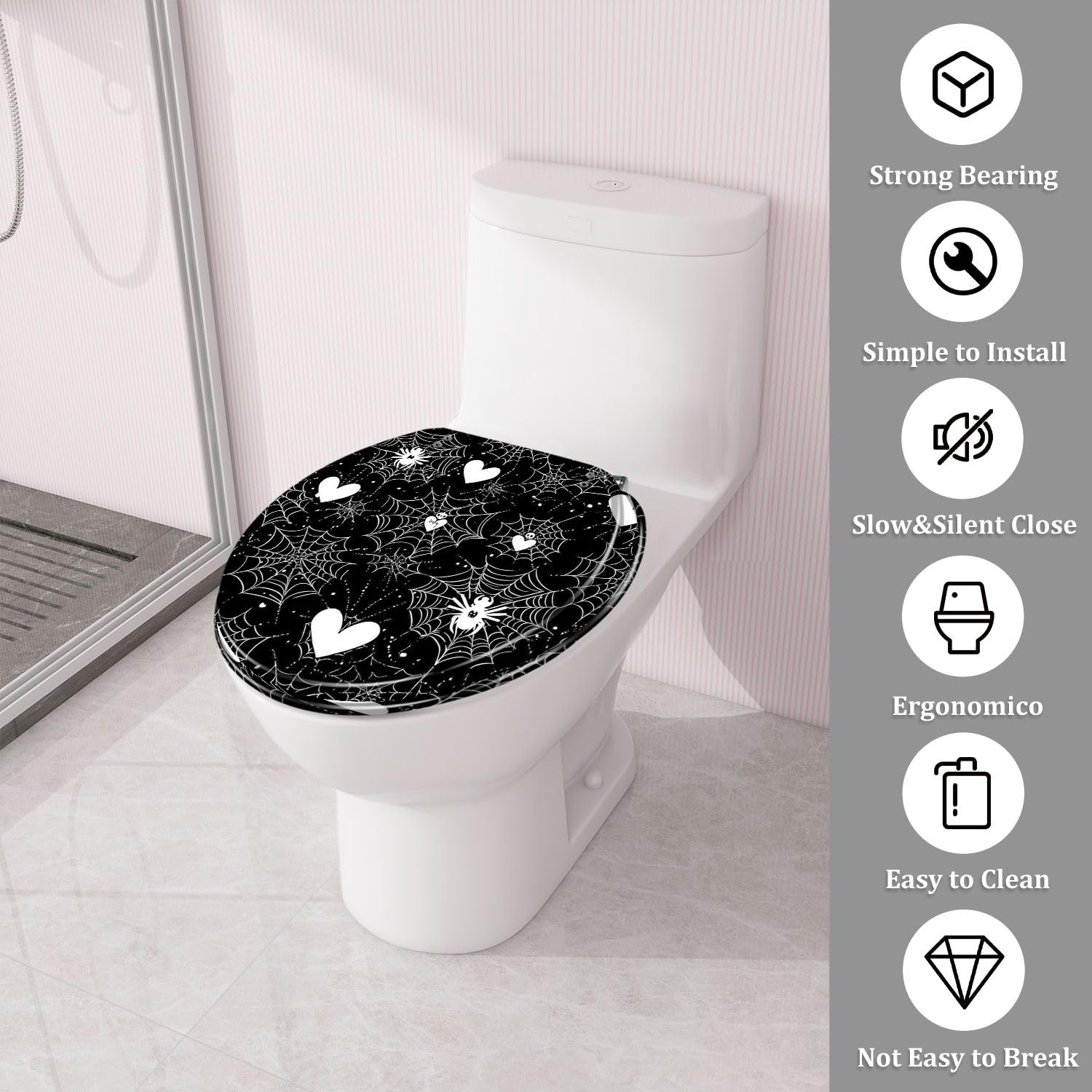 Round Toilet Seat Cute gothic seamless pattern hearts braided cobwebs Resin Toilet Seat Quietly Close Quick Release Hinges Decorative Toilet Seat with Cover Easy to Install