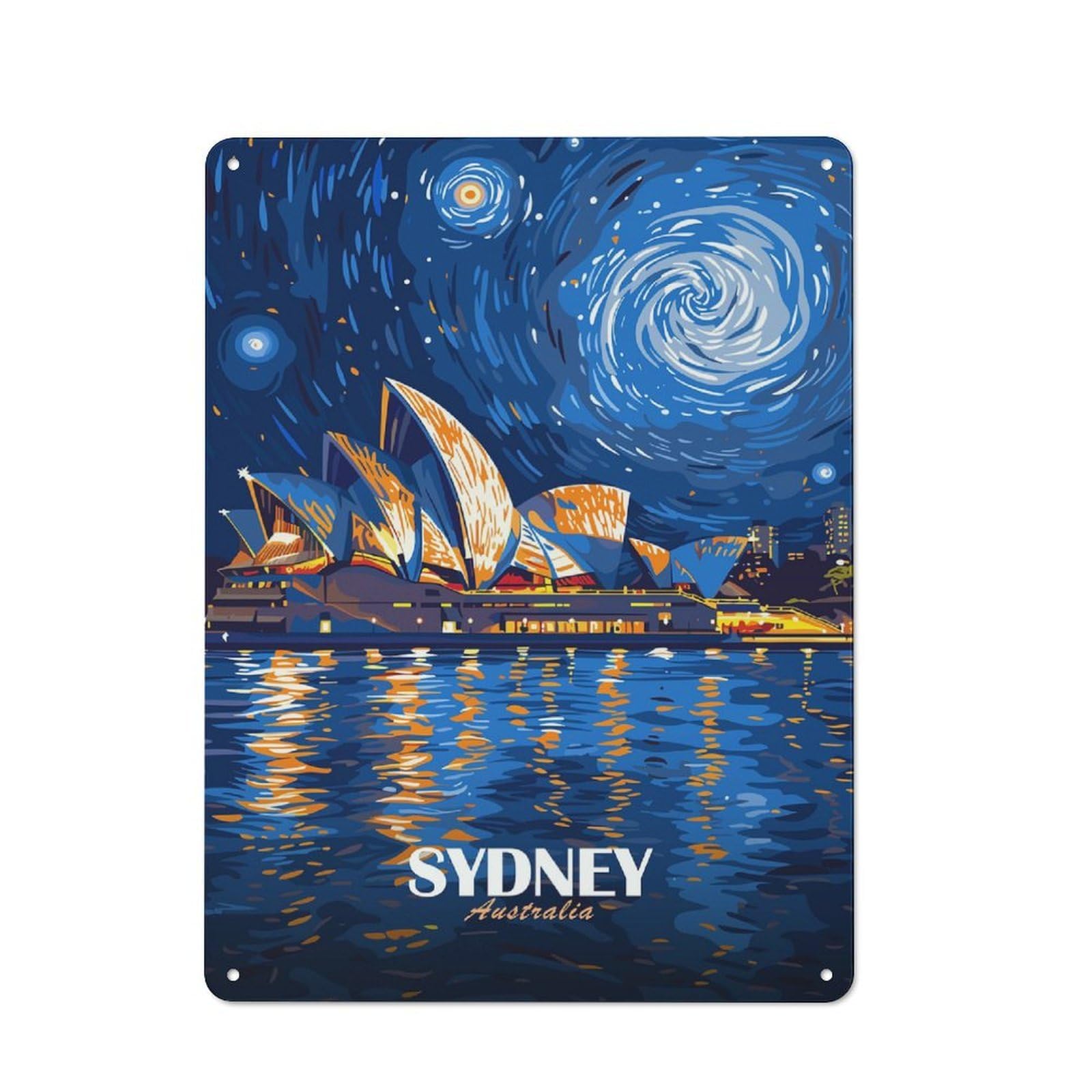 Junmoney Style-23 Urban Sydney Opera House Night Art Decorative Metal Plaque 40X30cm, Urban Room Decor For Flat, Bar, Studio Or Gallery Wall