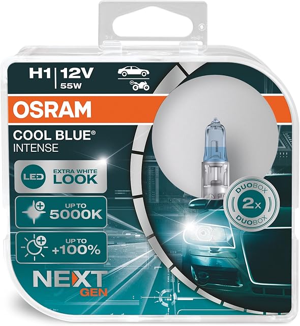 OSRAM COOL BLUE INTENSE H1, +100% more brightness, up to 5,000K, halogen headlight lamp, LED look, duo box (2 lamps) 64150CBN-HCB