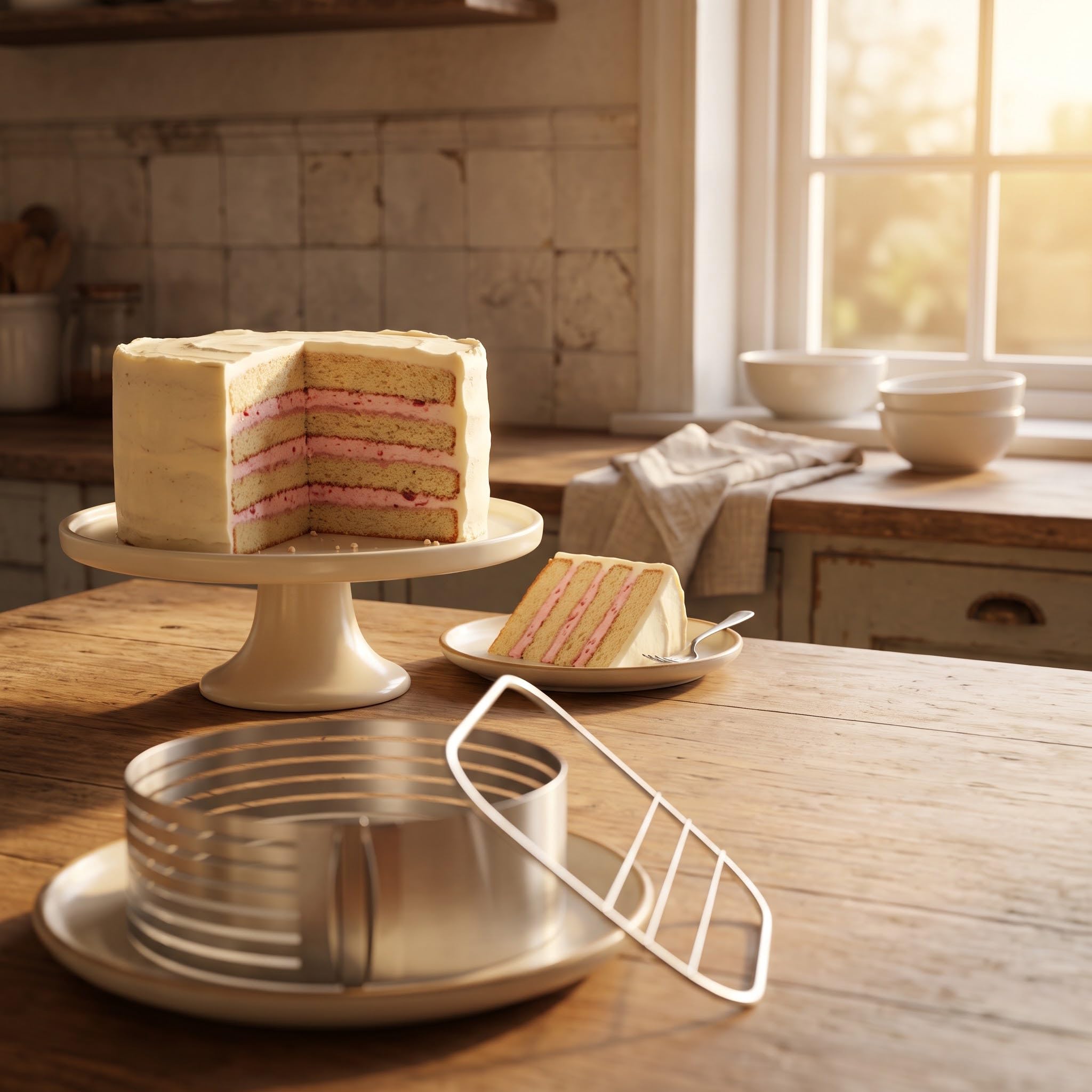 KEILEOHO Lot de 2 trancheuses à gâteau en acier inoxydable réglable 7 couches avec diamètre respectif de 15,2 à 20,3 cm et 22,9 à 30,5 cm de haut et 1 emporte-pièce réglable