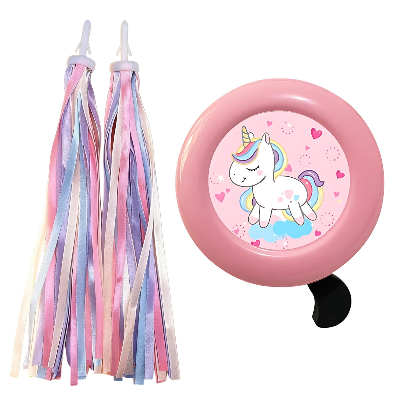 3Pcs Bike Accessories Set, Pink Unicorn Bicycle Bell and 2 Colourful Ribbon Streamers, Fits 22mm Round Handlebars for Bicycles and Scooters