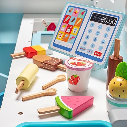 Miniatura 7 de Juego de madera para camión de helados, 20 divertidas piezas de juguete, incluyendo congelador, fregadero de volante y hoja de calcomanías para