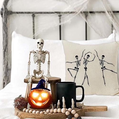 Miniatura 3 de JOOCAR Fundas de almohada de calavera de Halloween, diseño de esqueleto, divertida funda de cojín para sofá, decoración del hogar, 22 x 22 pulgadas,