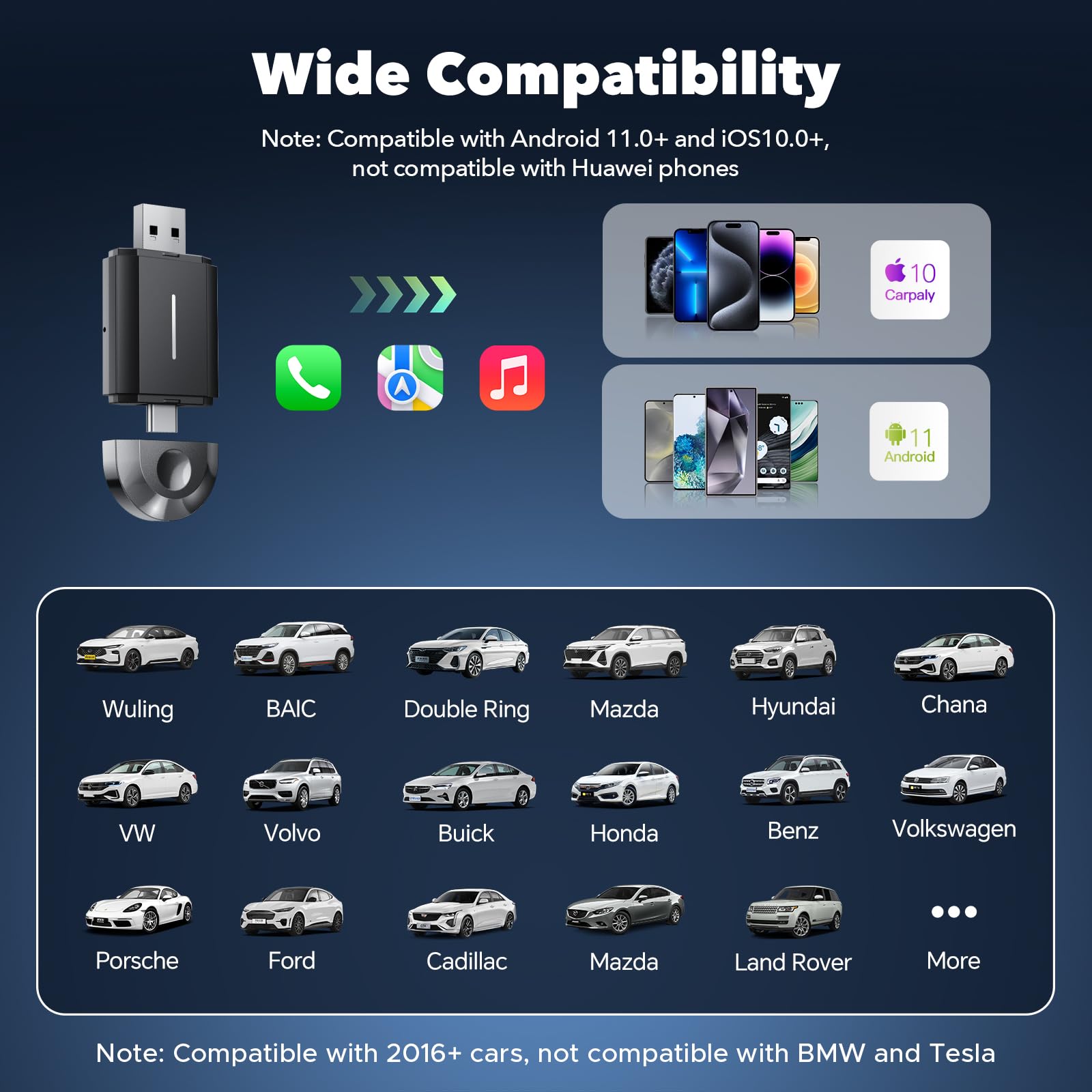 LAMTTO 2-w-1 bezprzewodowy adapter CarPlay, mały bezprzewodowy adapter Carplay i Android Auto z USB-C/A, Plug & Play, stabilne połączenie, działa bez opóźnień dla iOS 10+/Android 11+ i samochodów od