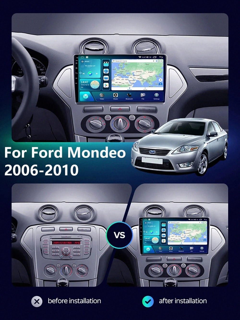 Táctil Pantalla Carplay Coche para Ford Mondeo 2007-2010 Pantalla de Coche con Carplay y Android Auto Inalámbricos, Bluetooth, Mirror Link, 4 Nuclear 1G+32G