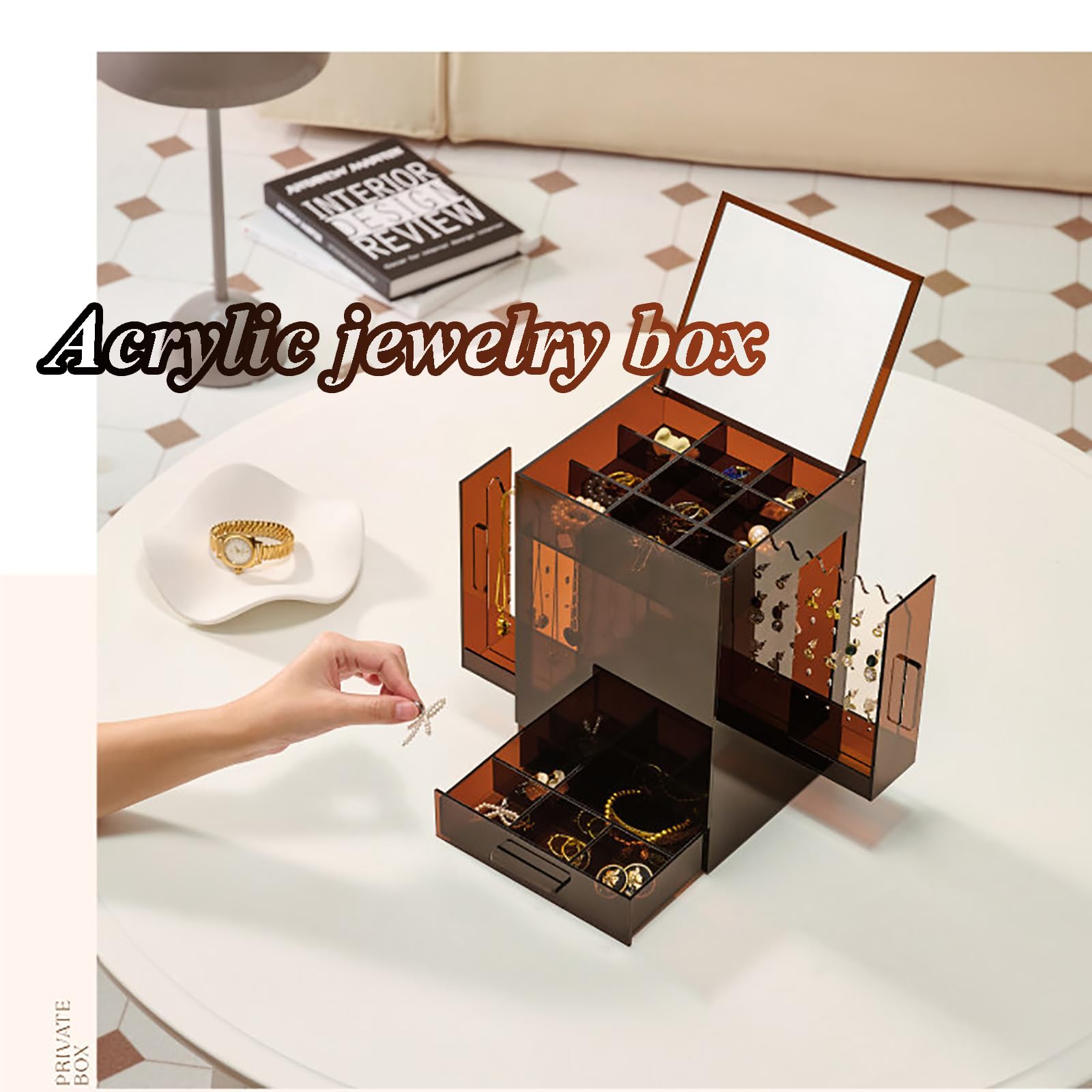 Organizador De Joyas De Acrílico con Espejo, Caja De Almacenamiento De Joyas con Soporte para Collares, Expositor De Pendientes, Bandeja Y Cajón para Anillos