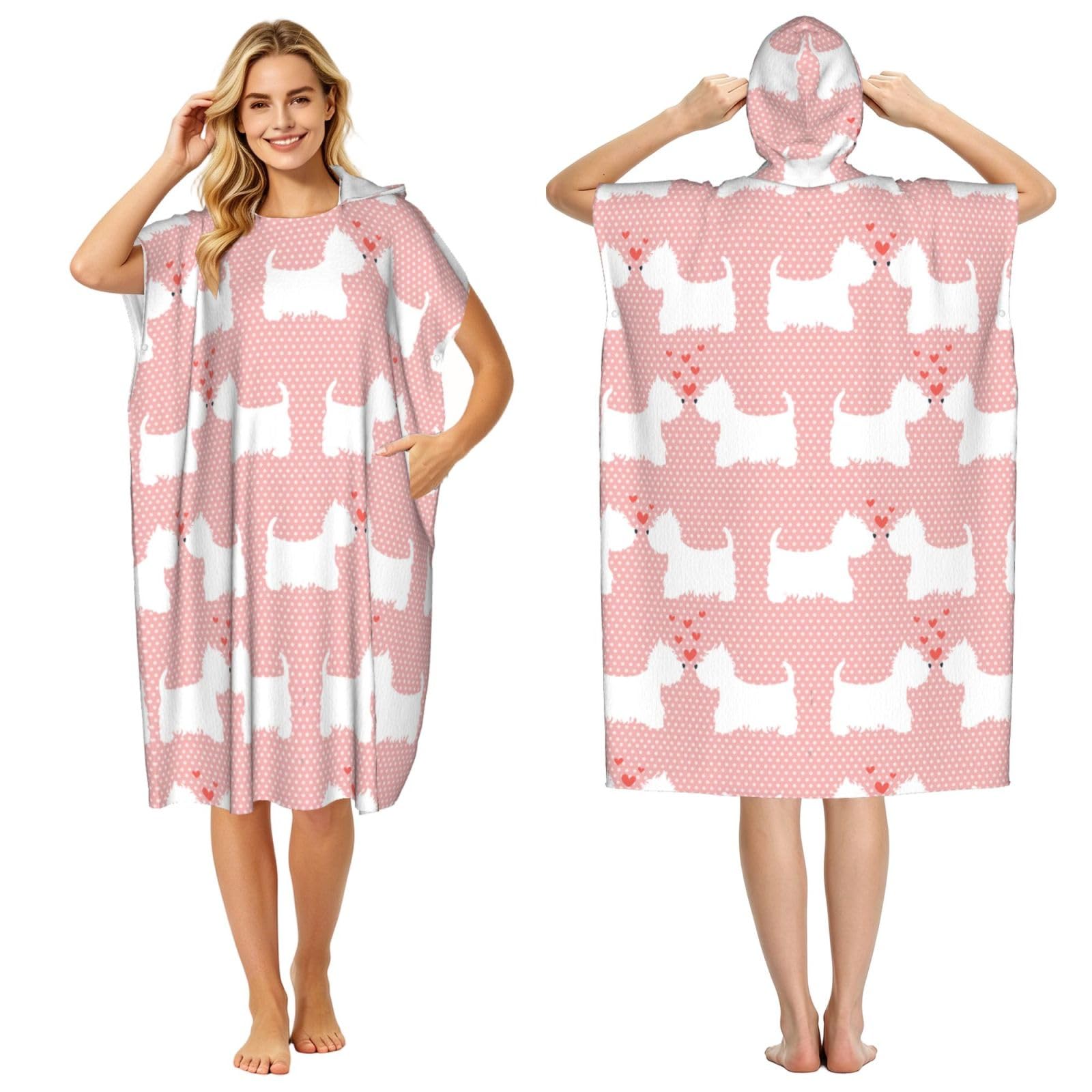Poadnly Westie Dogs Pattern, Adult Hooded Beach Towel 90 x 110 cm,Changing Bath Robe, Surf Poncho Towel For Women Men