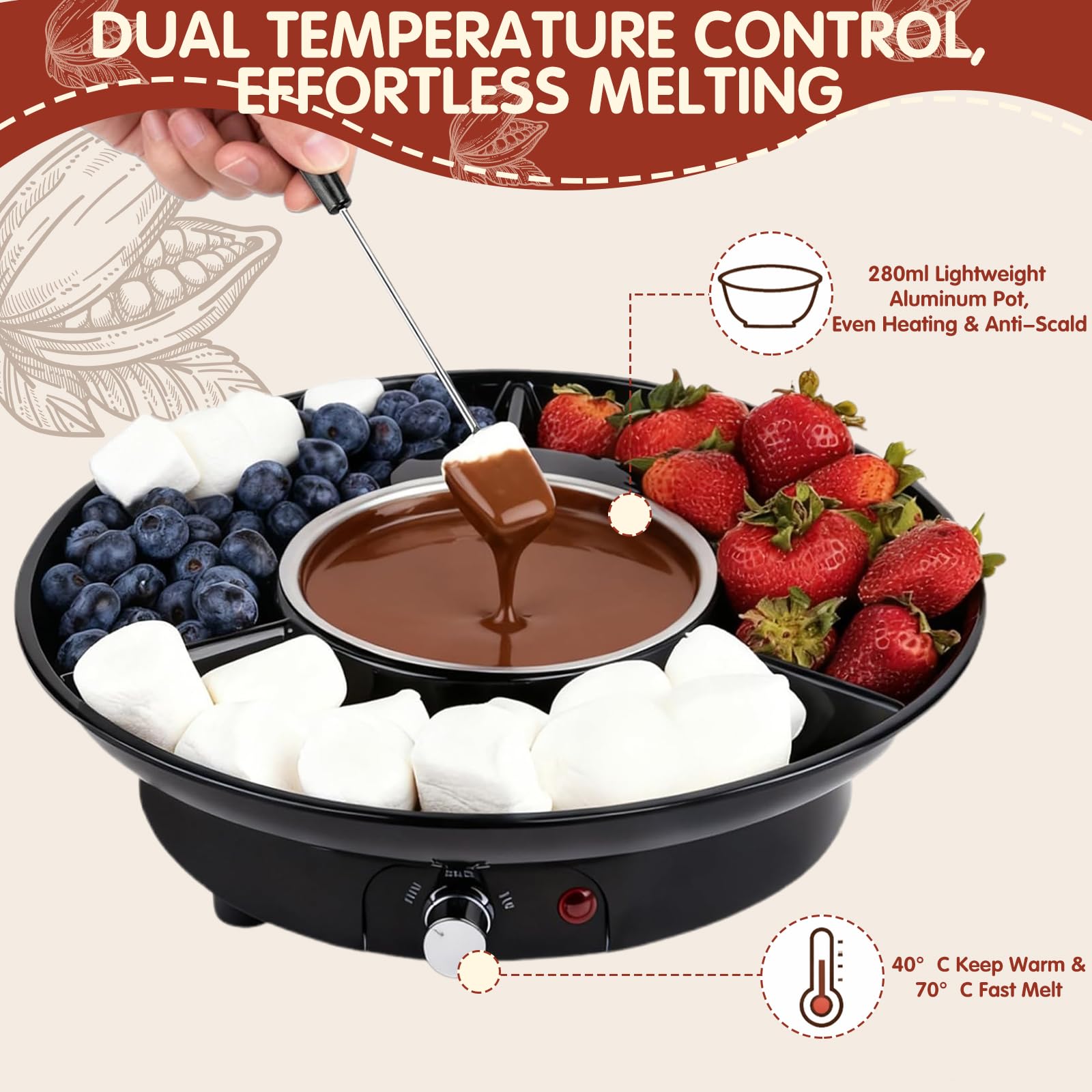 Set à Fondue au Chocolat Électrique 260 ML, Pot à Fondue Chocolat avec 2 Niveaux de Température, Casserole Amovible en Aluminium, Appareil à Fondue avec 4 Fourchettes, pour Fruits et Desserts