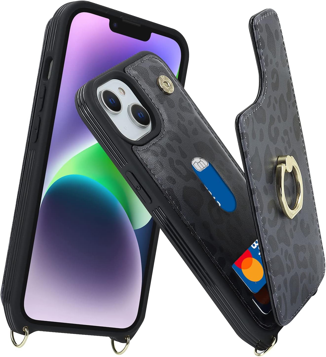 for iPhone 14 Plus Case with Card Holder and Strap for Women,Crossbody Lanyard,Stand Ring Kickstand,Snap Clasp,Cute Phone Wallet Cases 6.7 inch - Black Leopard - Image 2