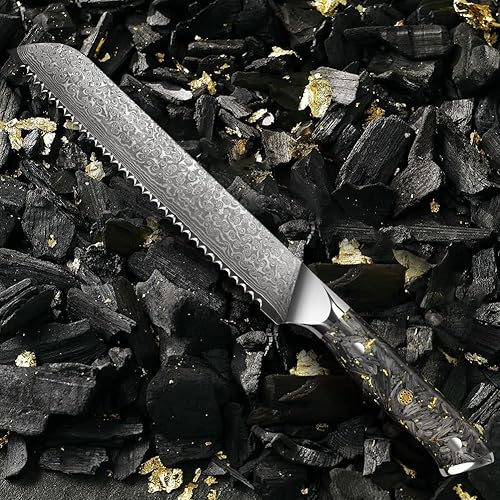 Miniatura 7 de Kuwata Cuchillo de pan, profesional Damasco serie oro negro japonés VG-10 cuchillo de corte de pan de acero inoxidable de alto carbono con caja de