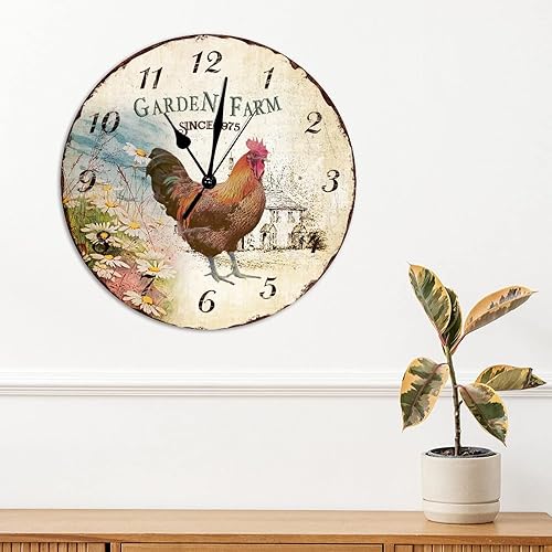 Miniatura 10 de Garden Farm - Reloj de pared de mediados de siglo, sin marco, con temática de gallo de 10 pulgadas, silencioso, sin tictac, funciona con pilas,