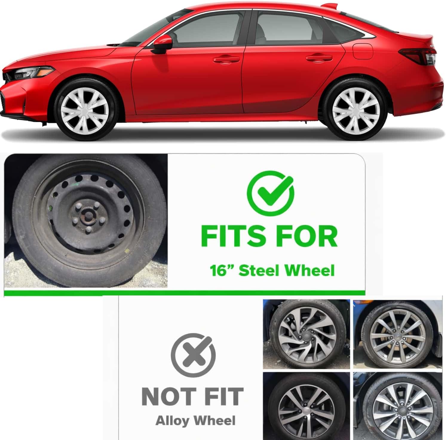 16 inch Hubcaps Fit for 2016-2025 Honda Civic Sedan Factory Steel Wheels Covers; Set of 4 Pcs (Silver)