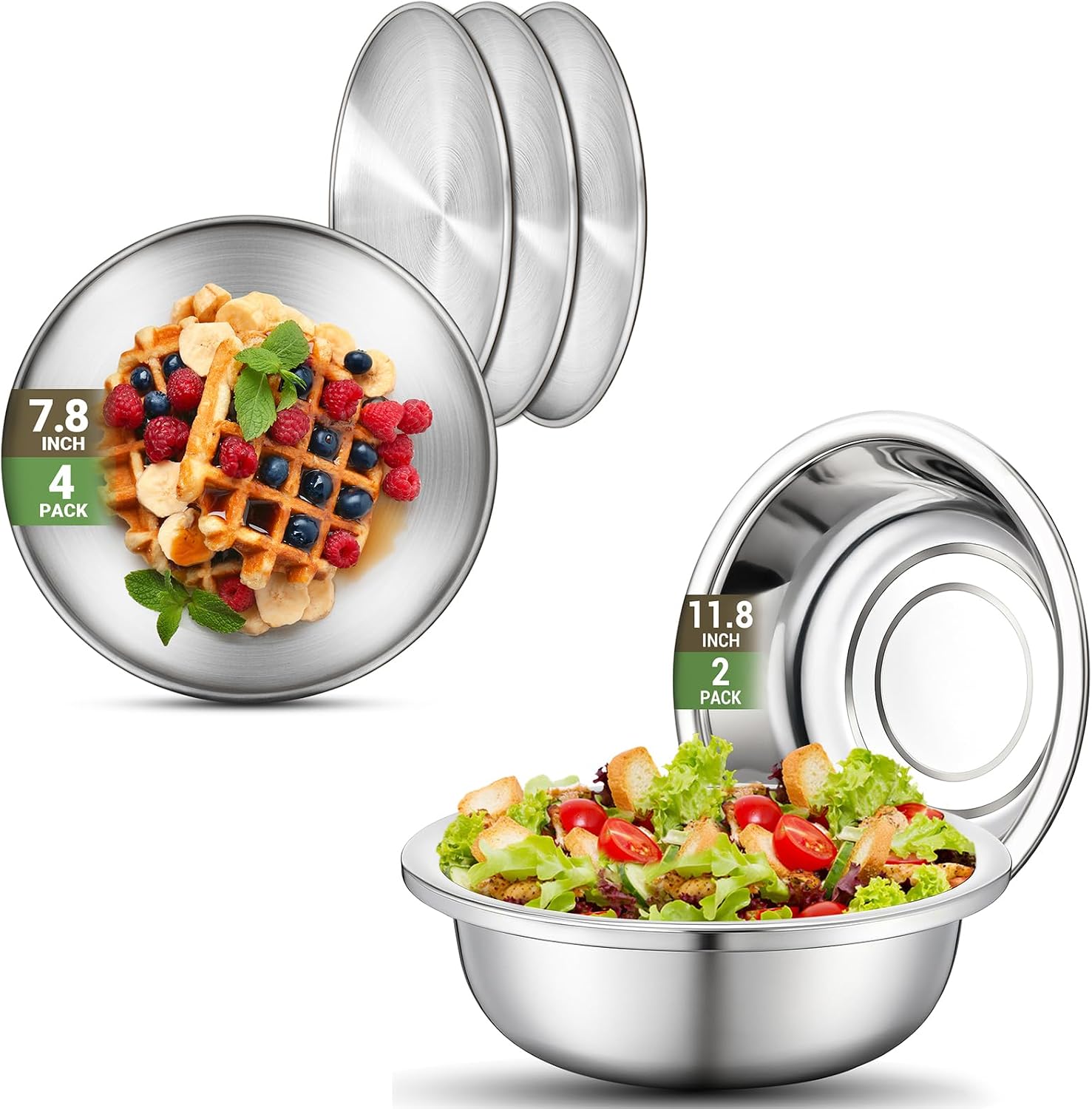 7.8" 4 Plates and 11.8" 2 Large Mixing Bowls 304(18/8), Round Shatterproof Stainless Steel Plates, Stackable Unbreakable Stainless Steel Bowls for Outdoor Travel Camping BBQ Home Dinner
