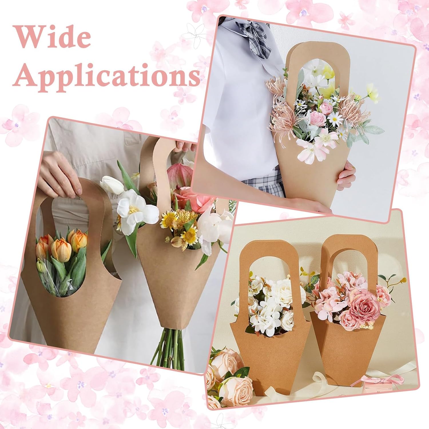 Ipotkitt 10 pcs Brown Kraft Paper Flower Bags Hand Held Bouquet Wrapping Ornaments Floral Wrapping Bags for DIY Craft Florist Shop Packaging Wedding Graduation Party Supplies