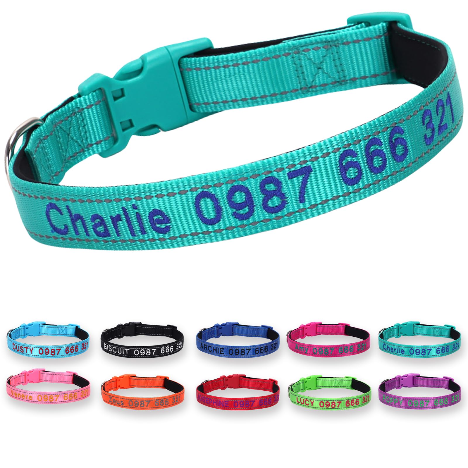 Padded Dog Collar,Soft Neoprene Personalized Pet Collar,Custom Embroidered Pet Name and Phone Number,Breathable Nylon Dog Collars,Quick Release Snap Buckle Dog Collar,Teal