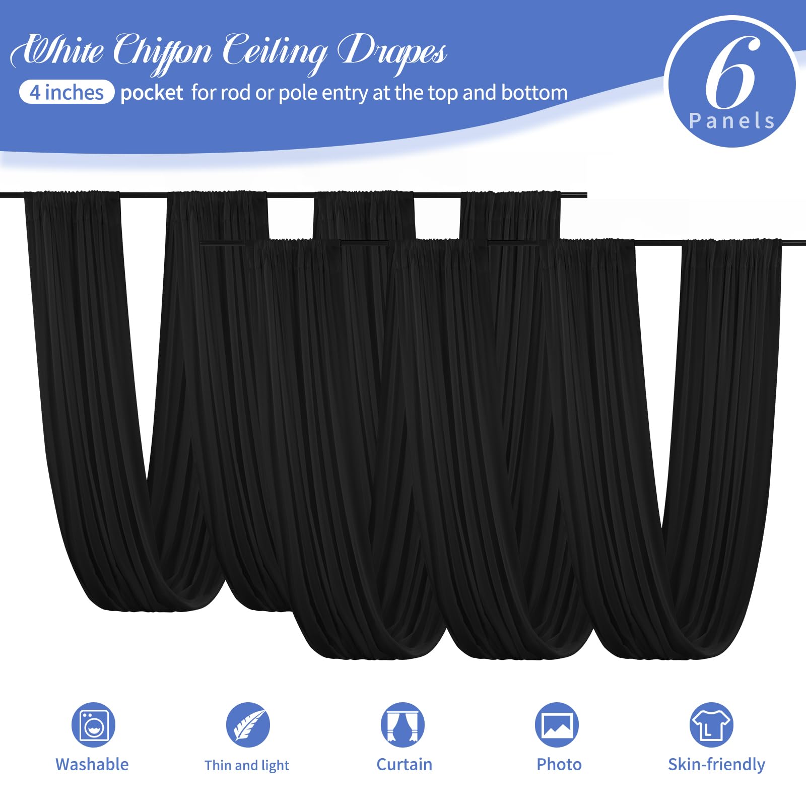 6 paneles de cortinas de techo negras para boda, cortinas de techo de 5 x 20 pies, cortinas transparentes de tela de gasa para decoración de techo de boda, ceremonia, escenario de boda