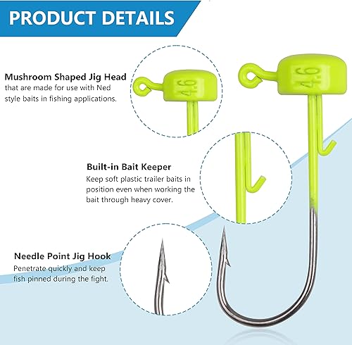 Miniatura 2 de Ned Rig - Kit de cabezas de calar, 25 piezas de anzuelos Ned Rig Cebos, cabezas de plantilla de hongos finos, anzuelos de pez de pesca, cabezales de