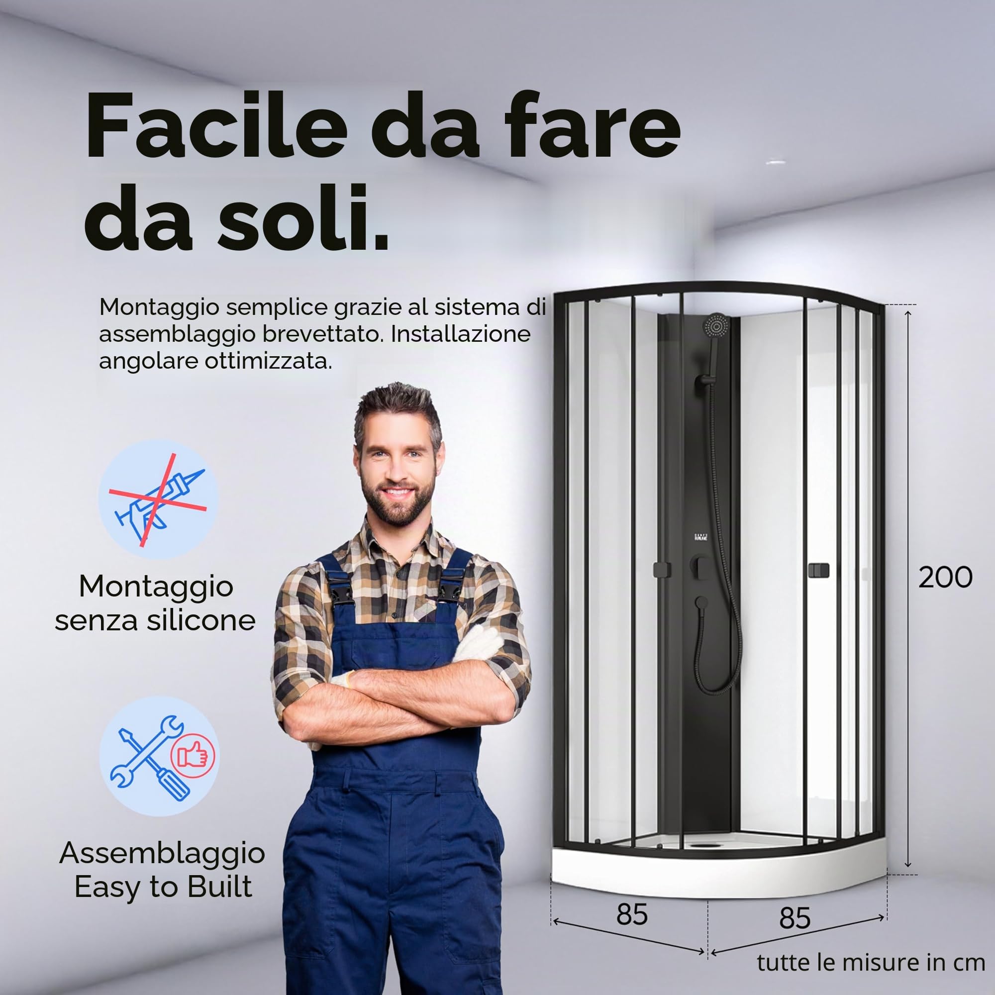 Marwell Doccia completa Prime Style – Box doccia nero/bianco 85 x 85 x 198 – Doccia prefabbricata con piatto doccia e rubinetto – Doccia con telaio in alluminio – Doccia in vetro Design moderno