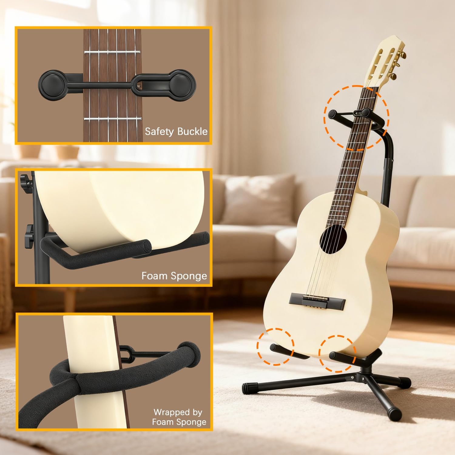 Music Guitar Stand Multi-Function Adjustable Tripod Padded Neck & Yoke Collapsible Design | 1-Pack