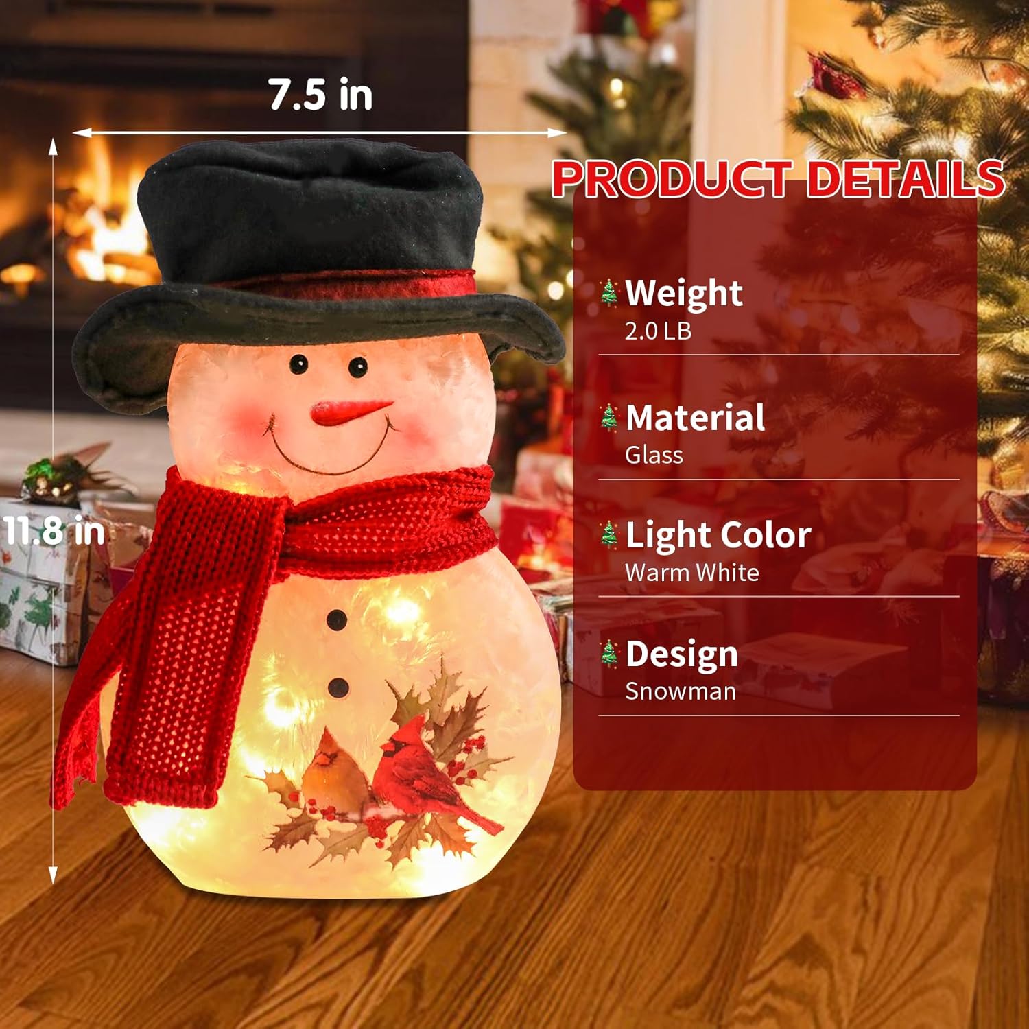 Yinns Lighted Christmas Snowman Lamp, Glass LED Light up Snowman Decor with Hand Painted, Christmas Decorations Night Light with Hat and Scarf, Xmas Holidays Home Decor