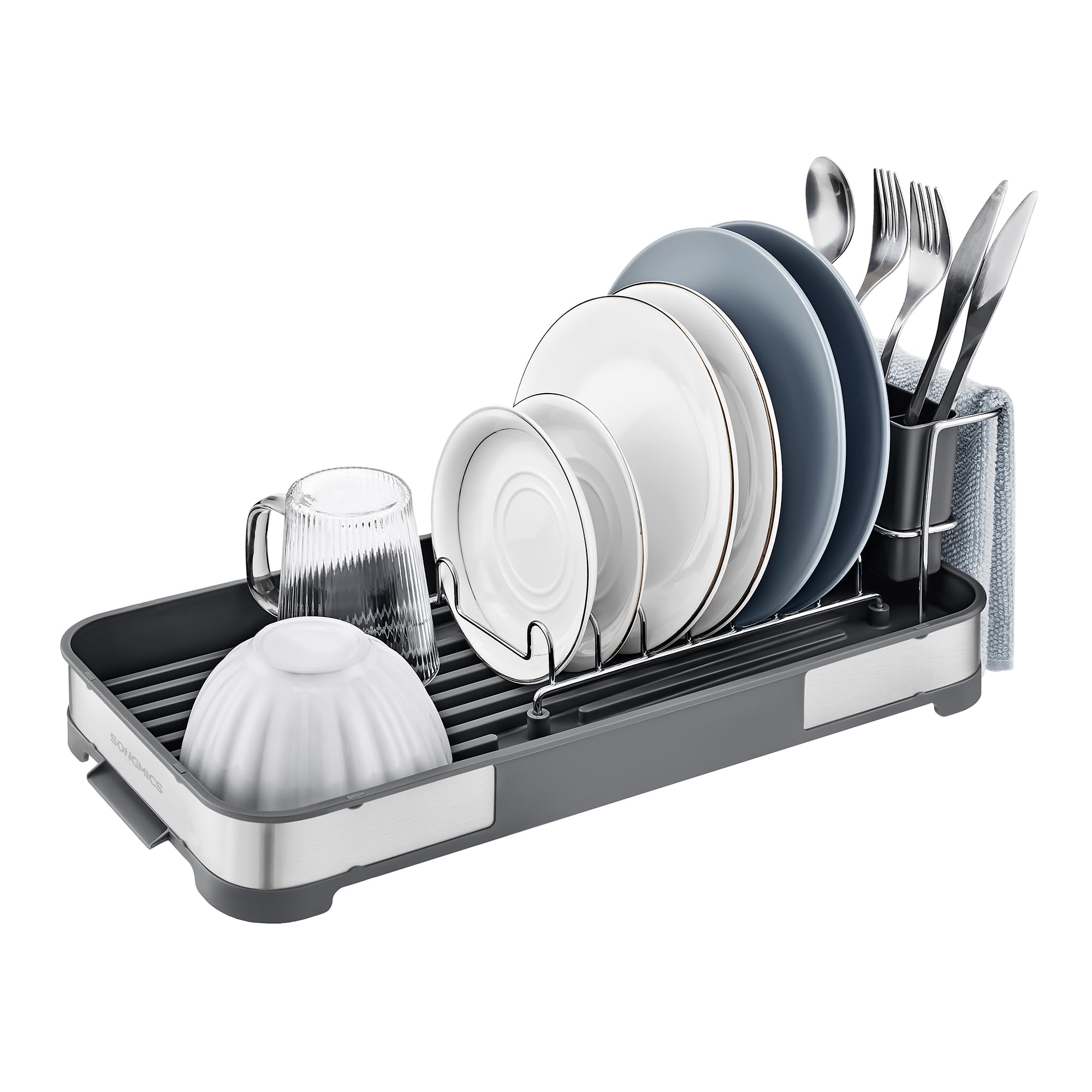 Songmics Silver + Grey Small Dish Drying Rack, Dish Dryer For Kitchen Counter, Stainless Steel Dish Rack With Drain, Utensil Holder, Rustproof, For Dishes, Knives, Spoons, Forks, Silver And Grey Kcs034g01