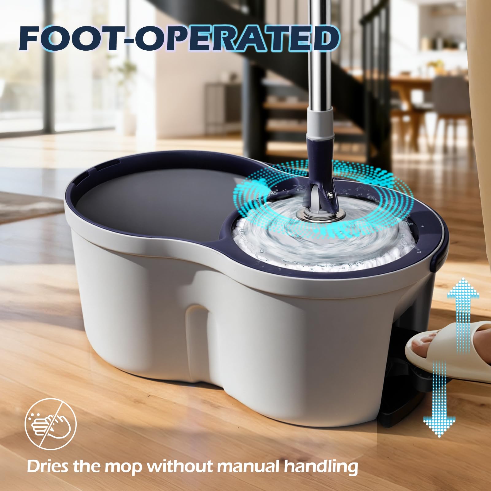 Masthome EasyWring - Set di mocio rotante e secchio, in microfibra, con 3 lavapavimenti a pedale e secchio con strizzatore, per la pulizia dei pavimenti, adatto per casa e ufficio - 4