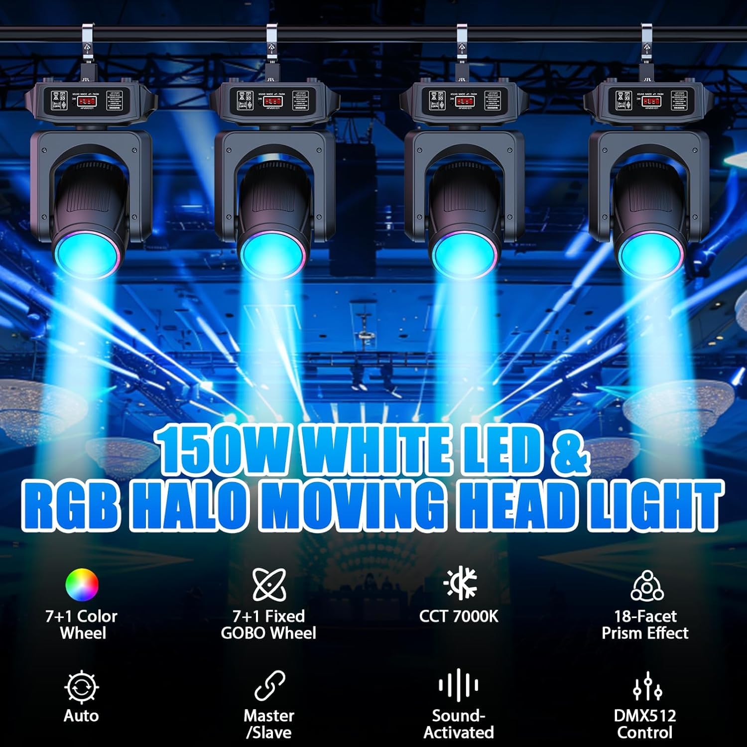 2 unités 150W Lyre LED Projecteur Éclairage DJ de Scène à Tête Mobile 18 Prismes Rotatifs 8 Gobos avec Modes DMX512 Maître-Esclave et Activation Sonore pour Fête de Mariage, Activités de L'auditorium