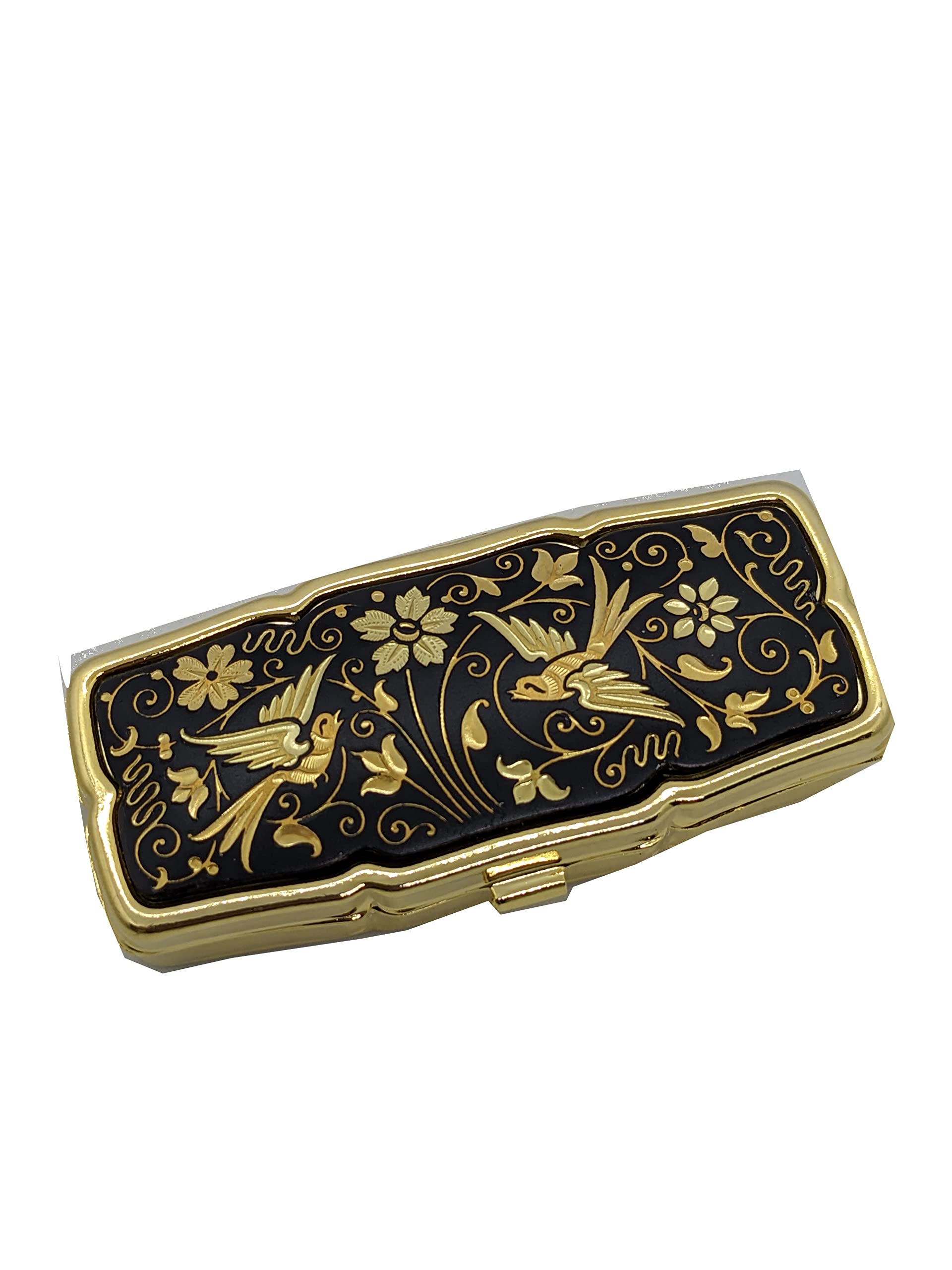 ANFRAMAVintage Damascene Spanish Rectangular Pillbox Vitamin Box Pill Box Pill case from Spain 24K Gold & Steel -Birds and Flowers