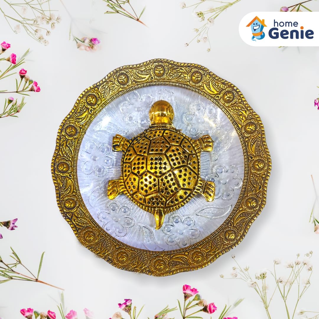 HOME GENIE Crystal Turtle for Feng Shui and Vastu | Good Luck Vastu Showpiece for Home, Office & Hotel | Decorative Turtle for Prosperity - Pack of 1 Golden Turtle (Kachua) on Glass Plate 3
