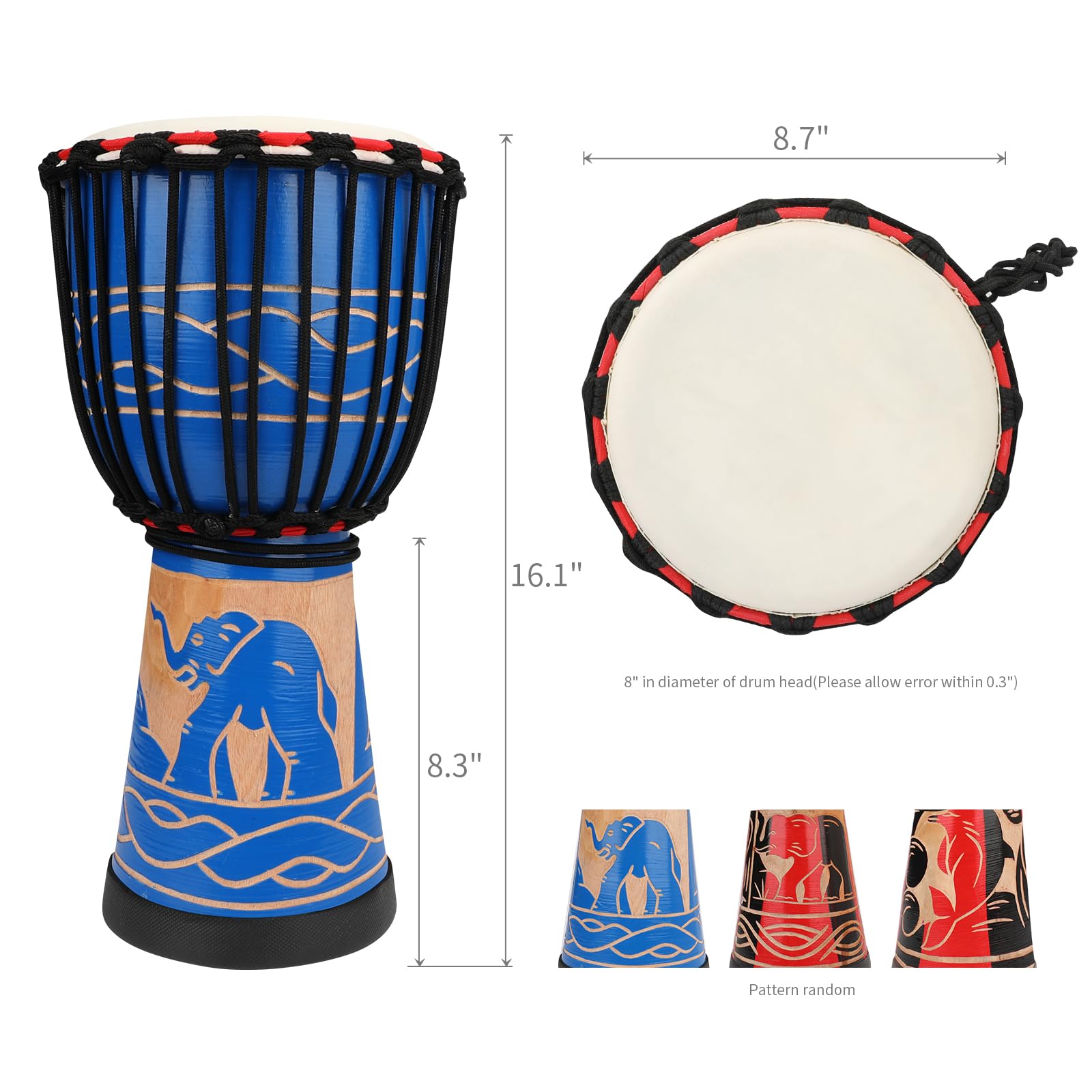 Djembé africain en bois d'acajou en peau de chèvre (25,4 cm, rouge) (éléphant bleu, 20,3 cm)
