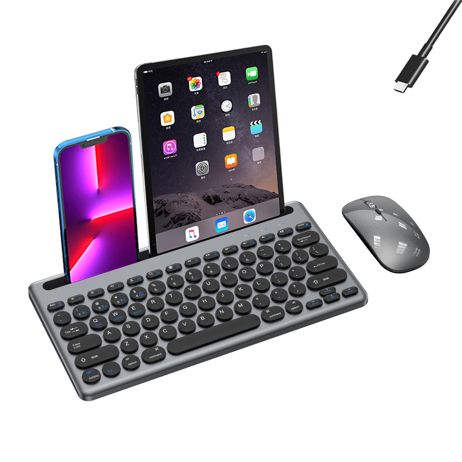 wireless keyboard and mouse combo with phone tablet holder, rechargeable dual-mode (bluetooth 5.0 and 3.0 +2.4g) multi-device silent mouse for windows, ipad, tablet, macos,ios,android (grayish black)