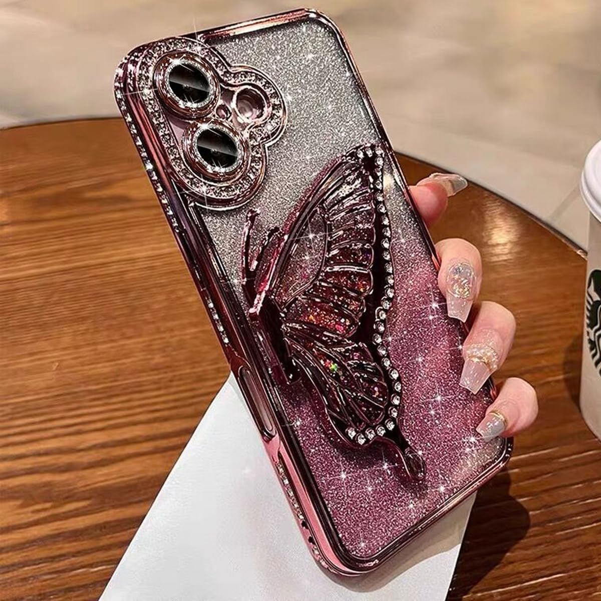 for iPhone 15 Plus Glitter 3D Butterfly Case,Cute Luxury Bling Sparkly Diamond Rhinestones Liquid Flowing Case with Camera Protector TPU Bumper Women Girls Case for iPhone 15 Plus 6.7", Pink - Image 6