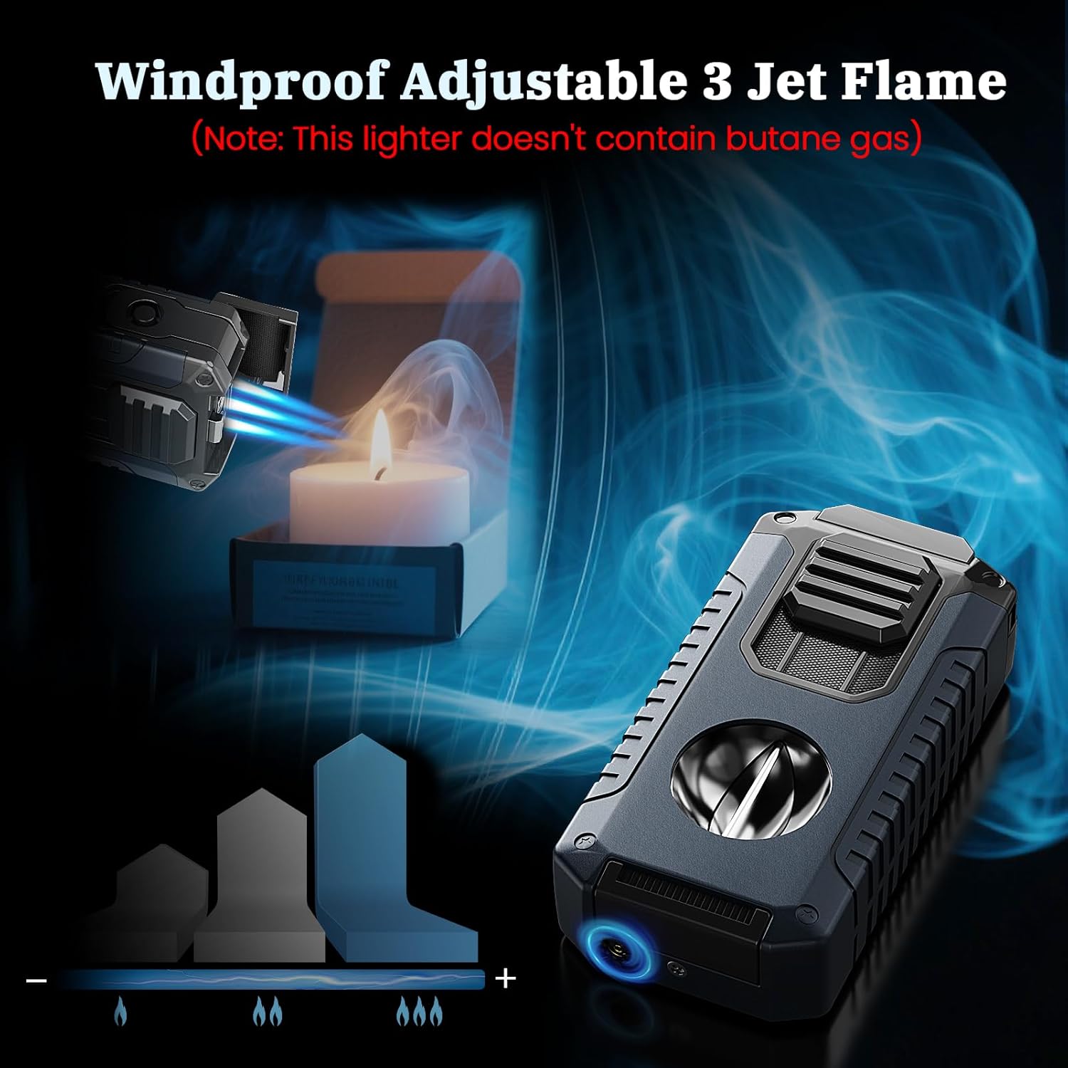 Torch Lighter Built-in Cutter, Punch, Holder, and Draw Enhancer Tool, with Gift Box for Men, Windproof Triple Jet Flame, Refillable Butane Lighter, All-in-one Lighters Accessories for Candle, Outdoor