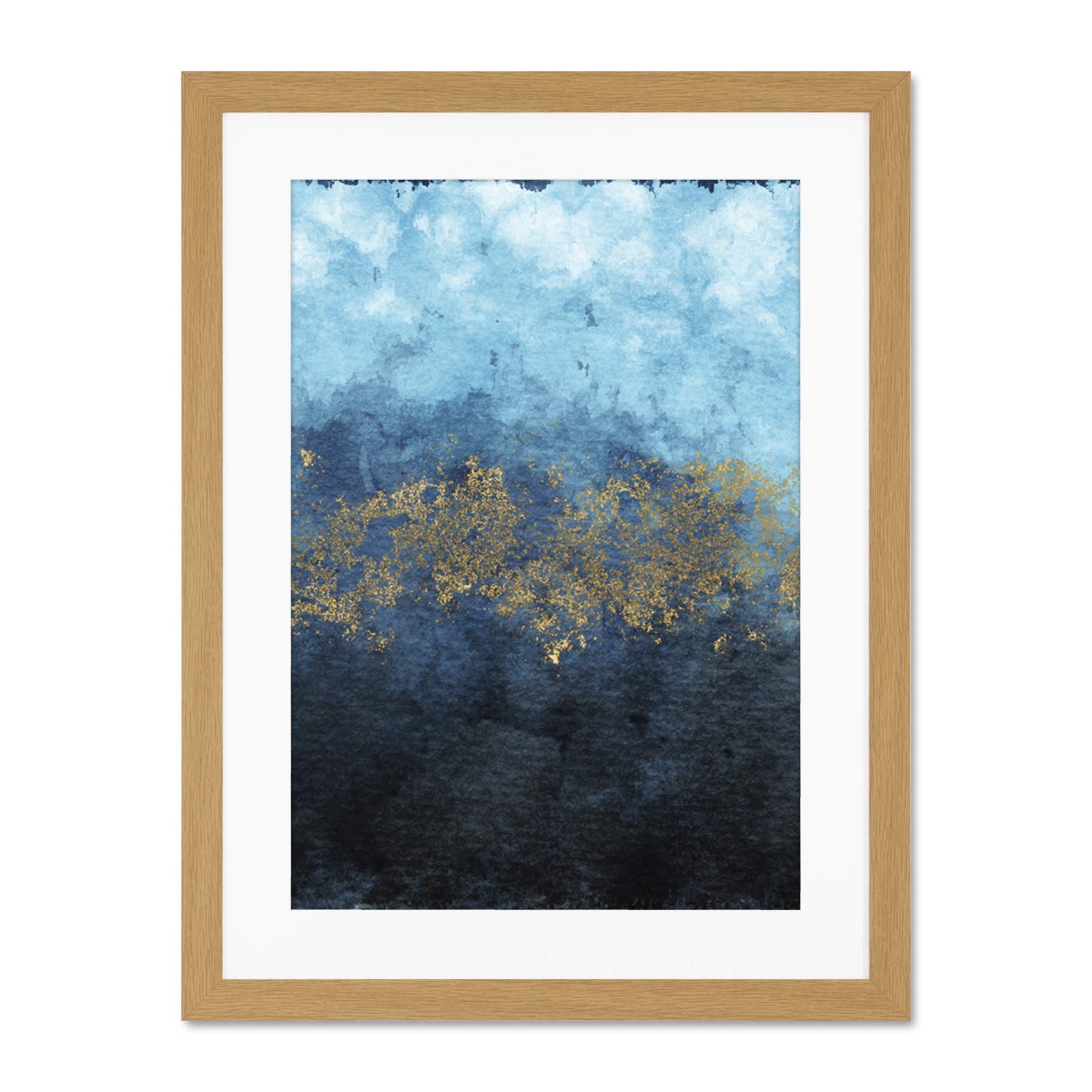 Wee Blue Coo Abstract Blue And Gold Watercolour Large Framed Art Print Wall Poster 18X24 Inch