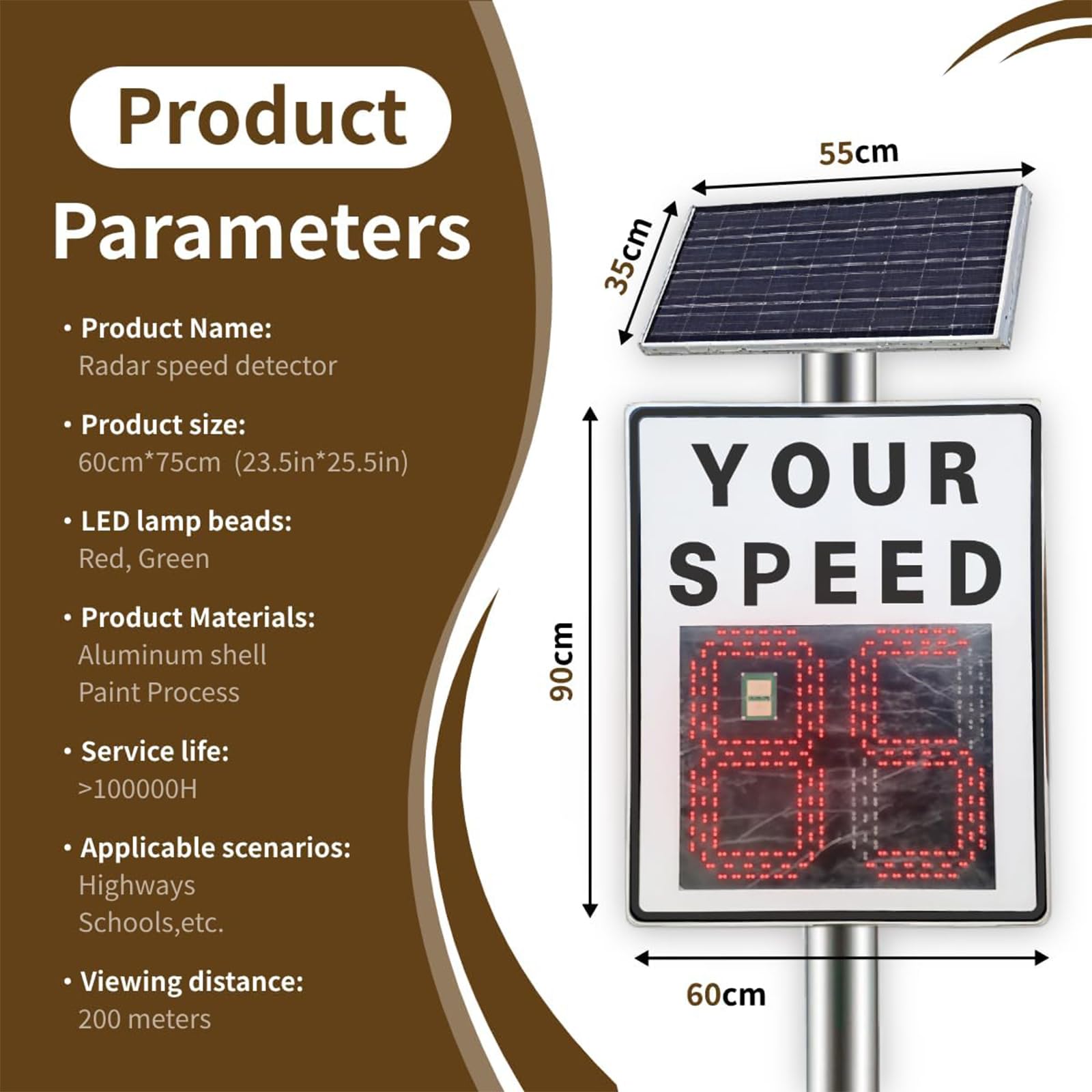 Señal de velocidad de radar solar, detector de velocidad de 24 x 35 pulgadas con pantalla LED para seguridad, señalización de carretera y calle