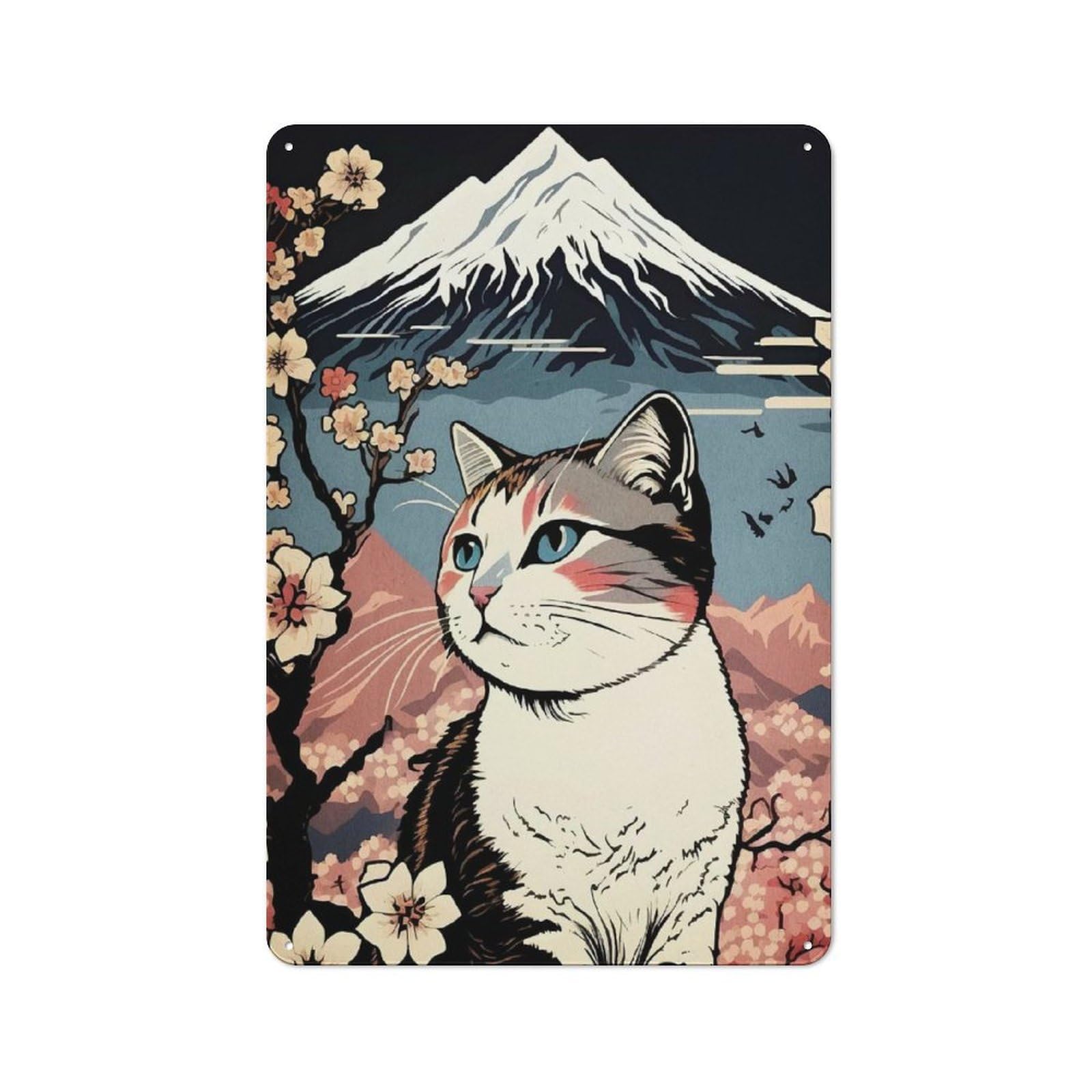 Junmoney Cat Mount Fuji Cherry Blossoms Metal Wall Plaque With Design 30X20cm, Retro Novelty Wall Art For Bedroom, Kitchen, Office Or Living Room