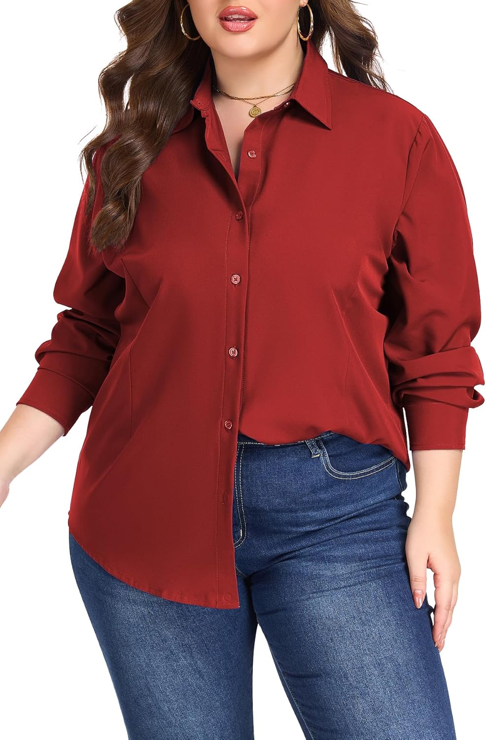 Plus Size Button Down Shirts for Women Long Sleeve Collared Casual Shirt Office Work Classic Blouse Tops XL-5XL - Image 2