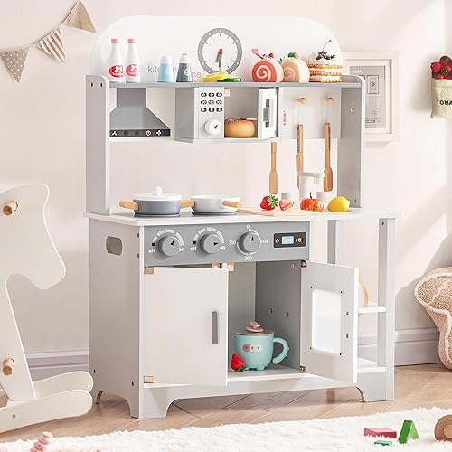Miniatura 7 de Juego de cocina de madera para niños, juego de cocina para niños pequeños, cocina de simulación de chef con muchas características de juego, cocina