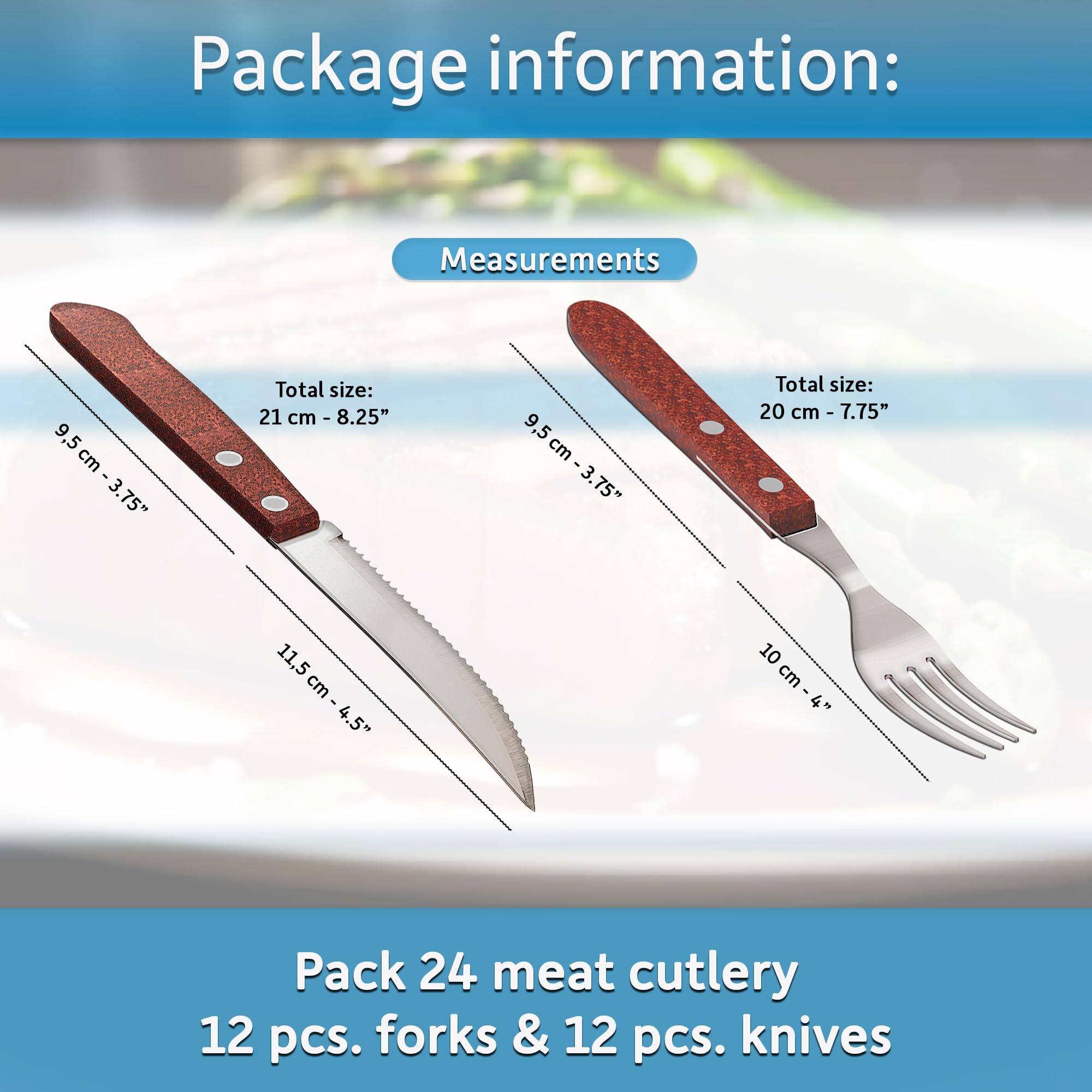 Couverts à steak acier inox bois 24 pieces avec 12 pieces couteaux à steak et 12 pieces fourchettes à steak